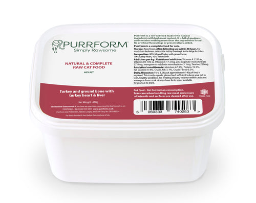 Purrform Cat - Turkey and Ground Bone with Turkey Heart & Liver 450g Tub