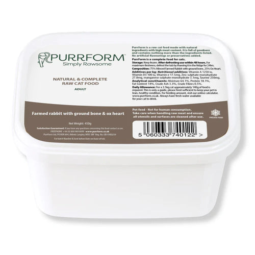 Purrform Cat - Farmed Rabbit with ground bone & Ox heart 450g Tub